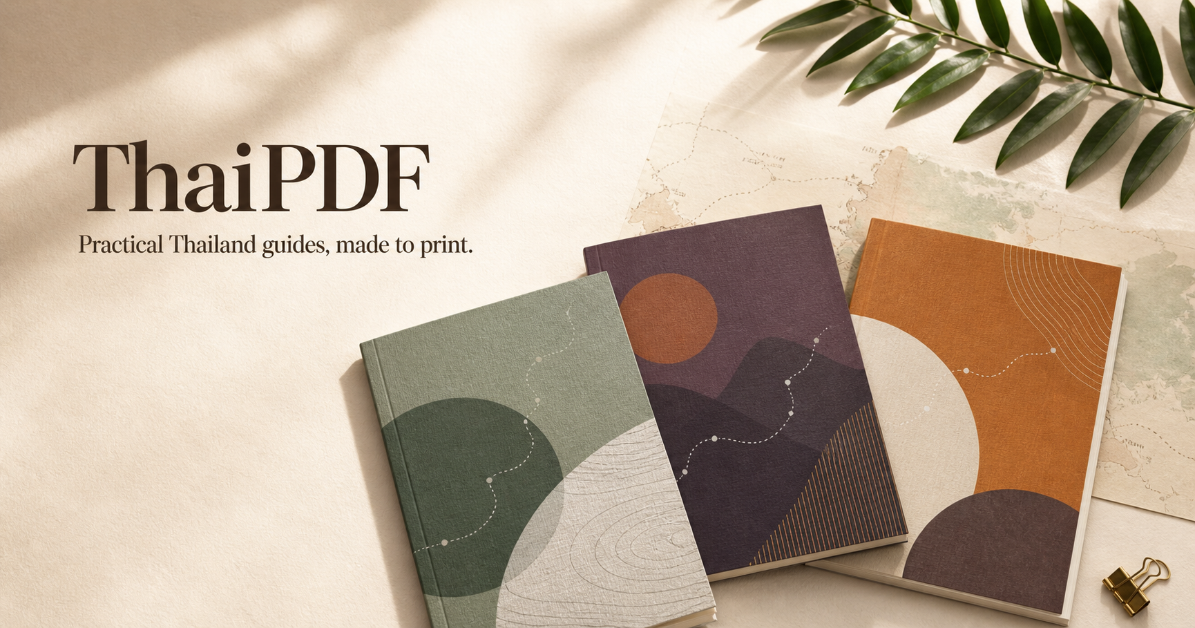 Three illustrated ThaiPDF guide booklets arranged with Thai travel objects